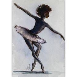 African American Ballerina Painting Dancer Original Art Small Watercolor Wall Art 6 by 4 inches by Nadya Ya