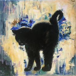 Black Cat Oil Painting on Canvas 12x12 inches Animal Art Kitten Artwork