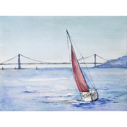 Sailboat Painting Nautical Original Art Golden Gate Bridge San Francisco Art Small Watercolor Artwork Seascape Wall Art