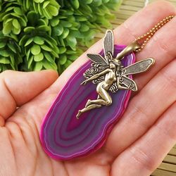 Fuchsia Agate Slice Necklace Gold Brass Fairy Pink Lilac Purple Agate Slab Stone Pendant Necklace Woman Jewelry 7487