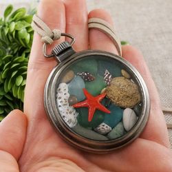 Green Sea Glass Necklace Red Starfish Sea Star Green Beige Shell Pebble Beach Statement Pendant Necklace Jewelry 7808