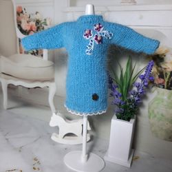 Handmade knitted blue dress from yarn down mink for Blythe doll