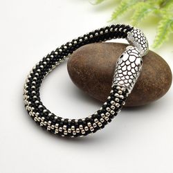 Black snake bracelet, Mens bead bracelet, Unisex bracelet, Handmade beaded jewelry, Ouroboros