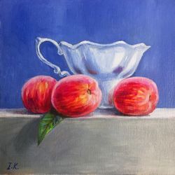 still life with peaches and a porcelain tea cup. original painting 8x8''