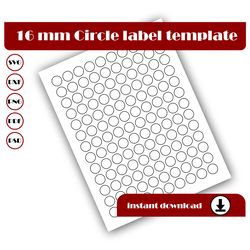 16mm Circle Template, Circle sticker template, Circle label template, SVG, DXF, Pdf, PsD, PNG, 8.5x11 Sheet printable
