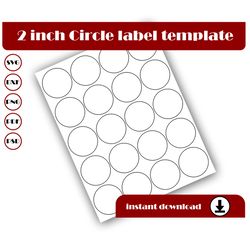 2 inch Circle Template, Circle sticker template, Circle label template, SVG, DXF, Pdf, PsD, PNG, 8.5x11 Sheet printable