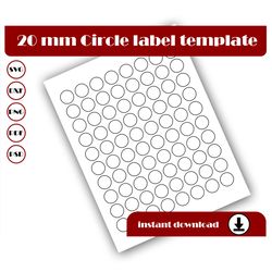 20mm Circle Template, Circle sticker template, Circle label template, SVG, DXF, Pdf, PsD, PNG, 8.5x11 Sheet printable
