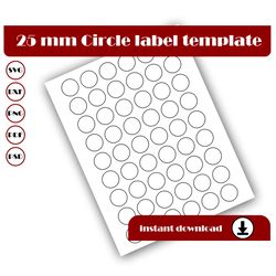 25mm Circle Template, Circle sticker template, Circle label template, SVG, DXF, Pdf, PsD, PNG, 8.5x11 Sheet printable