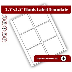 3.5 inch Square template, Square sticker template, Square label template, SVG, DXF, Pdf, PsD, PNG 8.5x11 Sheet printable