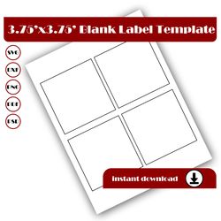 3.75 inch Square template, Square sticker template, Square label template, SVG DXF, Pdf PsD, PNG, 8.5x11 Sheet printable