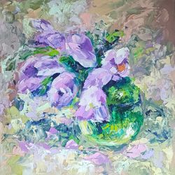 Tulips Painting Original Art Floral Oil Painting Purple Flowers Artwork