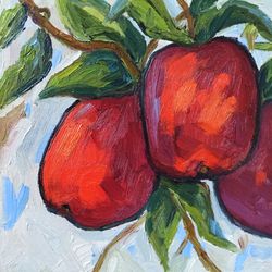 Apples painting Fruit original art Oil painting on canvas panel 20cm by 20cm Red Apples on Tree Original painting