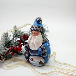 Hand carved Santa, hand painted Ded Moroz with the bird, 6,3inch Collectible wooden figure