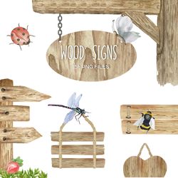 Watercolor wooden sign boards clipart. 8 Wood Planks Signboards