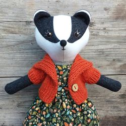 Badger girl, stuffed wool badger toy, handmade plush doll
