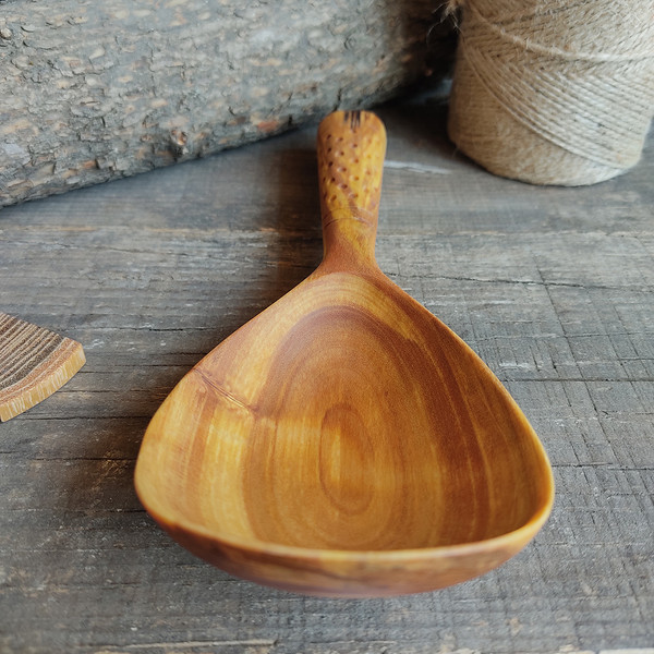 Big handmade wooden scoop with decorated handle - 08