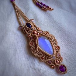 moonstone necklace, amethyst pendant, macrame jewelry, handmade jewelry, statement necklace adornment, bohemian collier