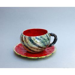 Cup and saucer set Watermelon dishes Handmade tea set Pottery bowl and saucer Ceramics tea set, Gift for Friend