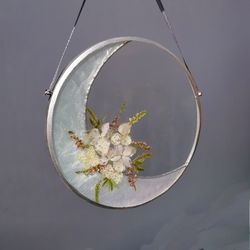 Celestial decor with pressed flowers frame Moon resin wall decor Framer dried flower Resin art