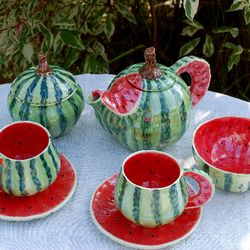 Tea service Watermelon Porcelain Tea Set Teapot,tea cups,saucers,sugar bowl candy bowl,Fruits Tea set Watermelon dishes