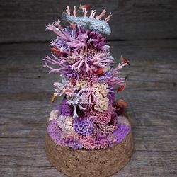 Miniature coral reef with pufferfish, glow in the dark sculpture, sea life art