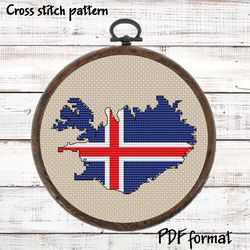 Iceland Map Cross Stitch pattern modern, Icelandic Flag Xstitch chart, Easy Cross Stitch Pattern