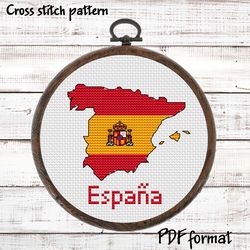 Map of Spain with national emblem Cross Stitch Pattern Modern, Spain Flag Xstitch Pattern Spanish cross stitch picture