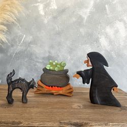 Halloween set: Witch Cauldron and Cat - Wooden toys - Halloween gift for kids - Wooden witch figurine