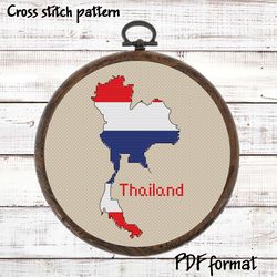 Thailand Map Cross Stitch pattern modern, Thai Flag Xstitch chart PDF