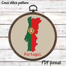 Portugal map Cross Stitch Pattern Modern PDF, Portugal Flag xstitch chart