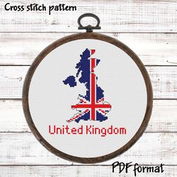 United Kingdom Map Cross Stitch pattern modern, Great Britain Flag Xstitch pattern PDF, England Cross Stitch Pattern