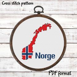 Norge map Cross Stitch pattern modern, Norway Flag Xstitch chart PDF