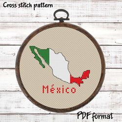 Mexico Map Cross Stitch pattern modern, Mexican Flag Xstitch chart PDF