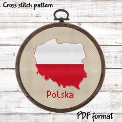 Poland Map Cross Stitch pattern modern, Polish Flag Xstitch chart PDF