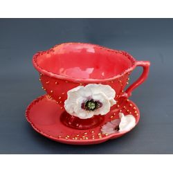 Tea cup and saucer set Red Porcelain art White Flowers PoppyTea set Botanical Porcelain ,Golden polka relief Handmade