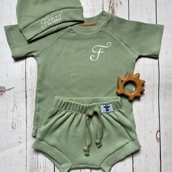 Sage Green custom shirt baby boy coming home outfit Gender neutral baby clothes Waffle baby outfit as personalised gifts