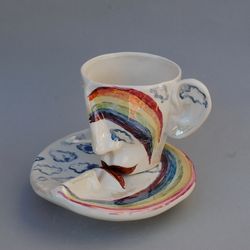 Tea cup Saucer Set ,Kiss ,Ceramics ,Art object, Surrealism ,Face mug ,Porcelain Set ,handmade ,Tea Set ,Rainbow figurine
