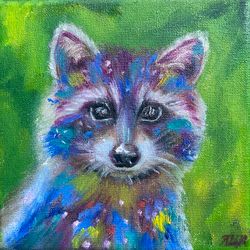 Raccoon Small Painting, Original Oil Art On Canvas, Animal Artwork, Baby Raccoon Art, Raccoon Portrait