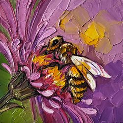 Bee Painting Insect Original Art Small Oil Painting 4 by 4 Honey Bee Impasto Artwork Bumblebee Wall Art by AlyonArt
