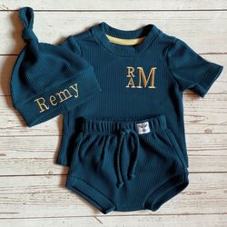 Teal custom shirt baby boy coming home outfit - gender neutral baby clothes - waffle baby outfit as personalised gifts