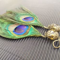Boho Earrings peacock feather, glass beads and bronze fittings. Blue Green gypsy style, ethnic Dangle & Drop Earrings
