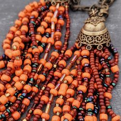 ethnic multistrand boho necklace orange Beaded Necklace, layered necklace bohemian, hippie necklace, statement necklace
