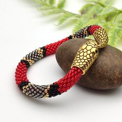 Red beaded snake bracelet for women, Ouroboros, Reptile bracelet, Snake jewelry, Handmade jewelry bracelet