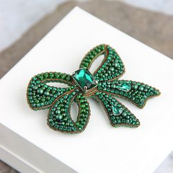Bow Brooch bow jewelry beaded embroidered bow emerald brooch embroidered bow beautiful brooch beaded bow brooch