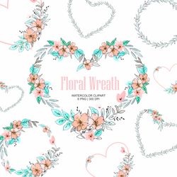 Watercolor Floral Wreath Clipart, Floral Heart, Frame, Border, PNG, Valentine Day, Birthday, Wedding invitation