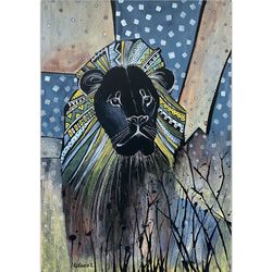 Lion painting Original art Ethnic wall art African artwork Black paper Animal watercolor by Rubonova Olesya