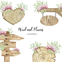 Watercolor wooden signboards with flowers. Floral wood clipart