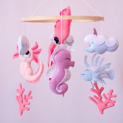 Ocean baby mobile, under the sea theme nursery decor, Axolotl, squid, seahorse, Baby shower gift, Pregnancy announcement