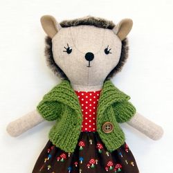 Hedgehog girl, stuffed soft toy, wool plush animal doll