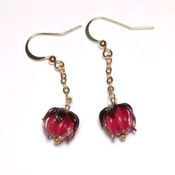 Earrings red flowers on a chain glass beads handmade lampwork